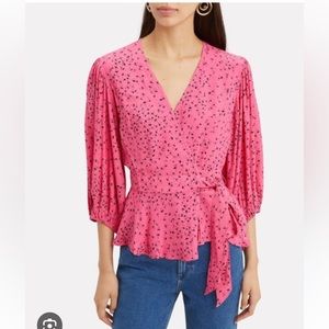 🩷GANNI Barra Hot Pink Crepe Wrap Balloon Sleeve Blouse Size EU 34 / US 2